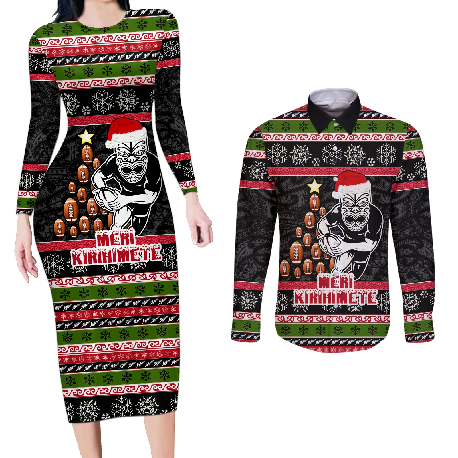 Personalized New Zealand Meri Kirihimete Couples Matching Long Sleeve Bodycon Dress and Long Sleeve Button Shirt Maori Warrior with Rugby Christmas Tree LT03 Black - Polynesian Pride