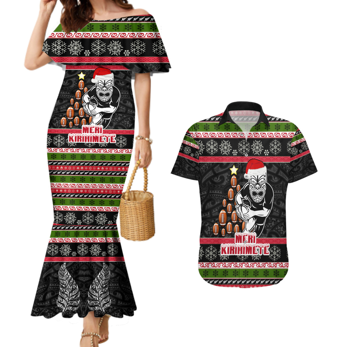 Personalized New Zealand Meri Kirihimete Couples Matching Mermaid Dress and Hawaiian Shirt Maori Warrior with Rugby Christmas Tree LT03 Black - Polynesian Pride