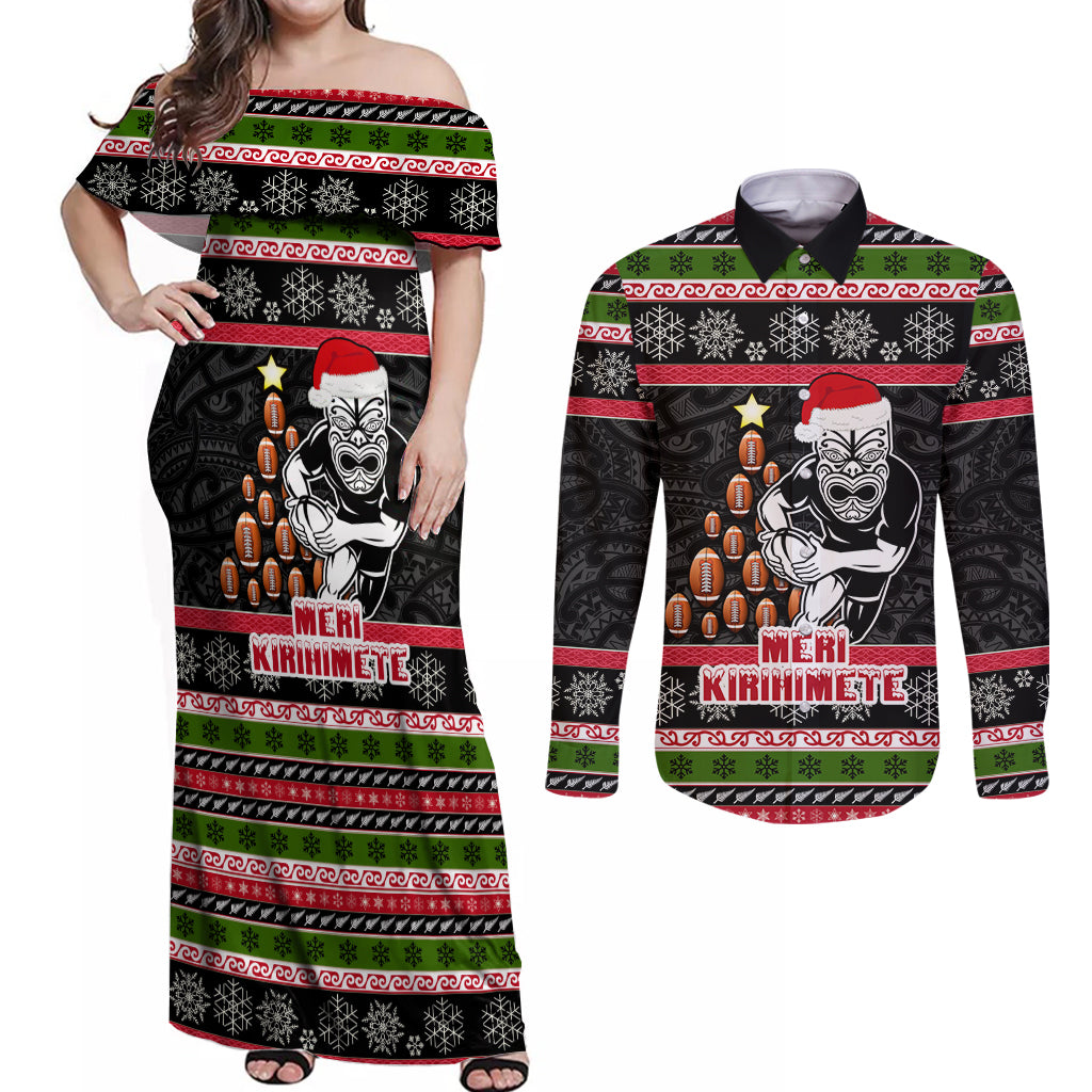 Personalized New Zealand Meri Kirihimete Couples Matching Off Shoulder Maxi Dress and Long Sleeve Button Shirt Maori Warrior with Rugby Christmas Tree LT03 Black - Polynesian Pride