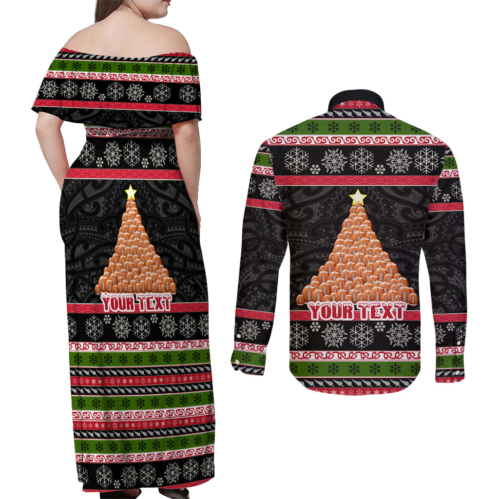 Personalized New Zealand Meri Kirihimete Couples Matching Off Shoulder Maxi Dress and Long Sleeve Button Shirt Maori Warrior with Rugby Christmas Tree LT03 - Polynesian Pride