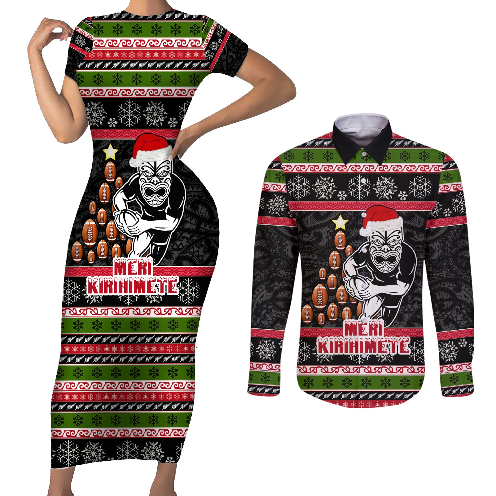 Personalized New Zealand Meri Kirihimete Couples Matching Short Sleeve Bodycon Dress and Long Sleeve Button Shirt Maori Warrior with Rugby Christmas Tree LT03 Black - Polynesian Pride