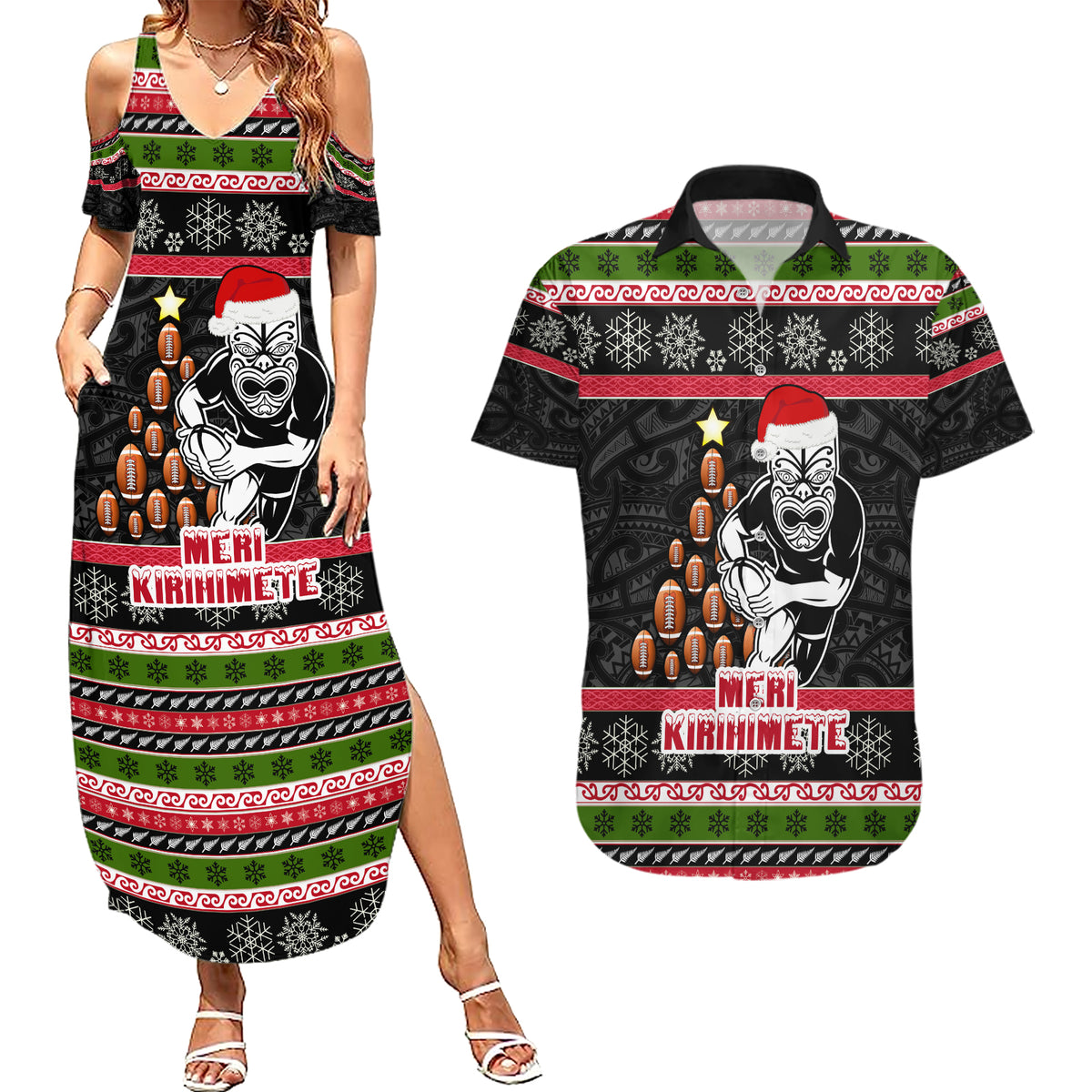 Personalized New Zealand Meri Kirihimete Couples Matching Summer Maxi Dress and Hawaiian Shirt Maori Warrior with Rugby Christmas Tree LT03 Black - Polynesian Pride