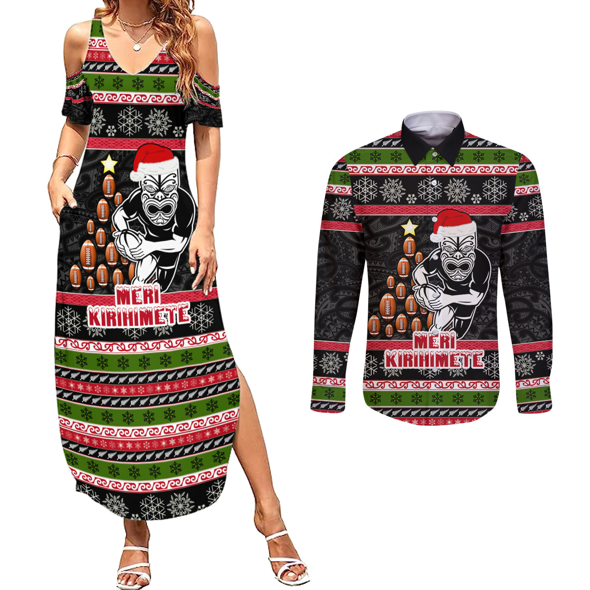 Personalized New Zealand Meri Kirihimete Couples Matching Summer Maxi Dress and Long Sleeve Button Shirt Maori Warrior with Rugby Christmas Tree LT03 Black - Polynesian Pride