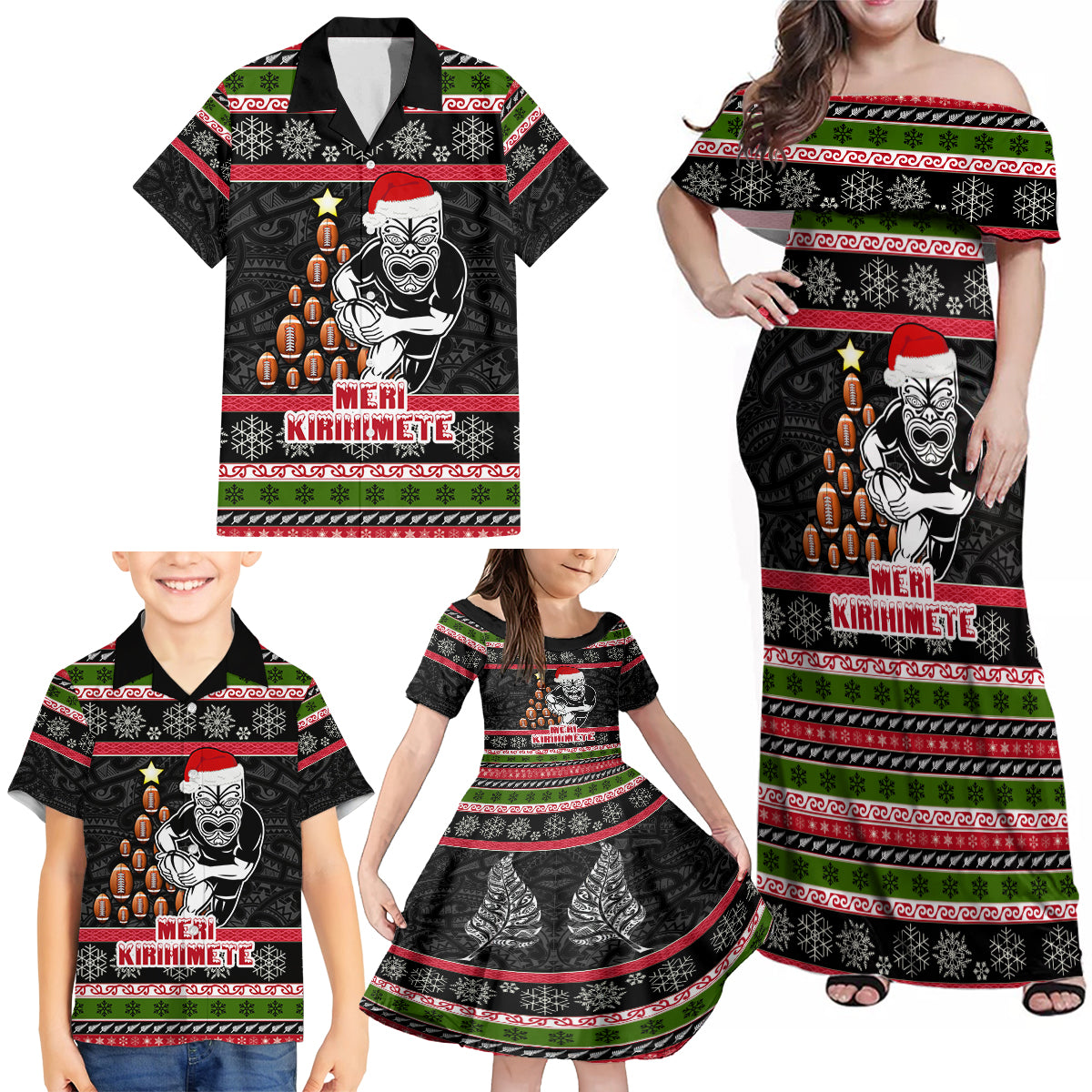 Personalized New Zealand Meri Kirihimete Family Matching Off Shoulder Maxi Dress and Hawaiian Shirt Maori Warrior with Rugby Christmas Tree LT03 - Polynesian Pride