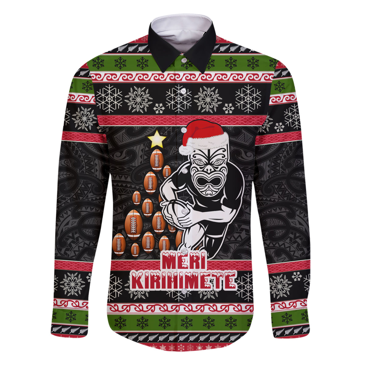 Personalized New Zealand Meri Kirihimete Family Matching Short Sleeve Bodycon Dress and Hawaiian Shirt Maori Warrior with Rugby Christmas Tree LT03 Dad's Shirt - Long Sleeve Black - Polynesian Pride
