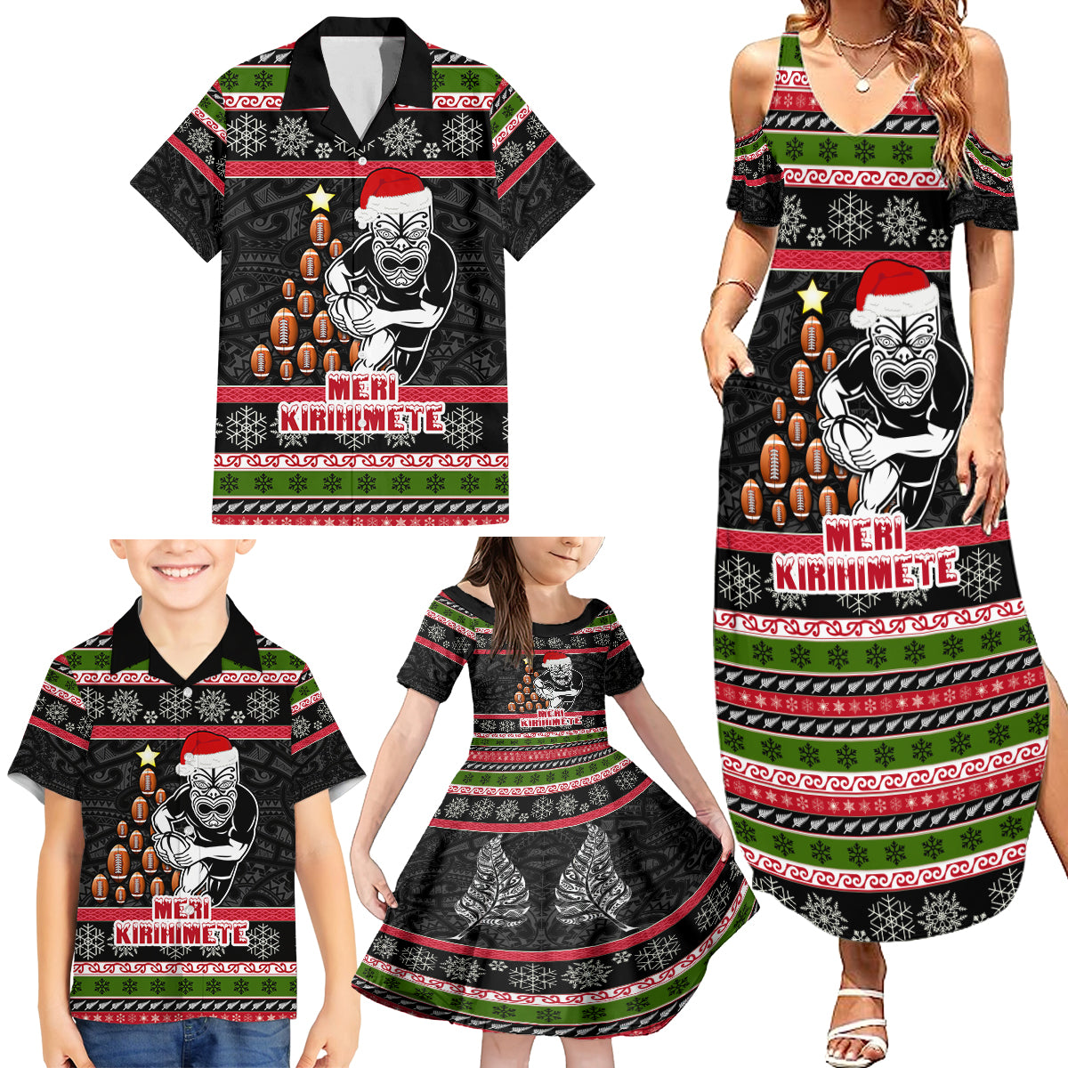 Personalized New Zealand Meri Kirihimete Family Matching Summer Maxi Dress and Hawaiian Shirt Maori Warrior with Rugby Christmas Tree LT03 - Polynesian Pride