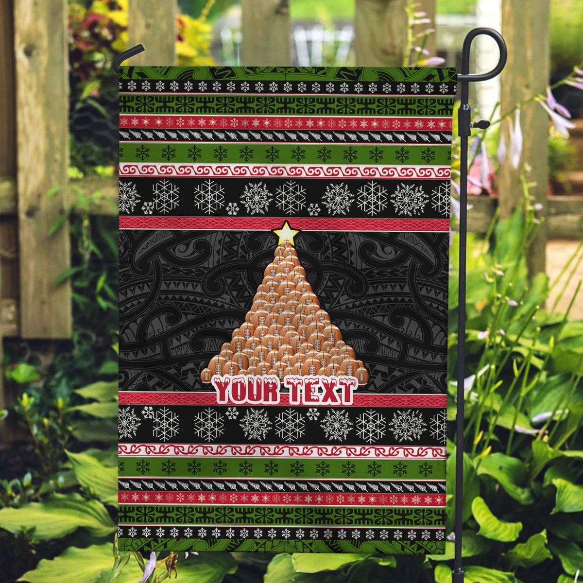 Personalized New Zealand Meri Kirihimete Garden Flag Maori Warrior with Rugby Christmas Tree LT03 Garden Flag Black - Polynesian Pride