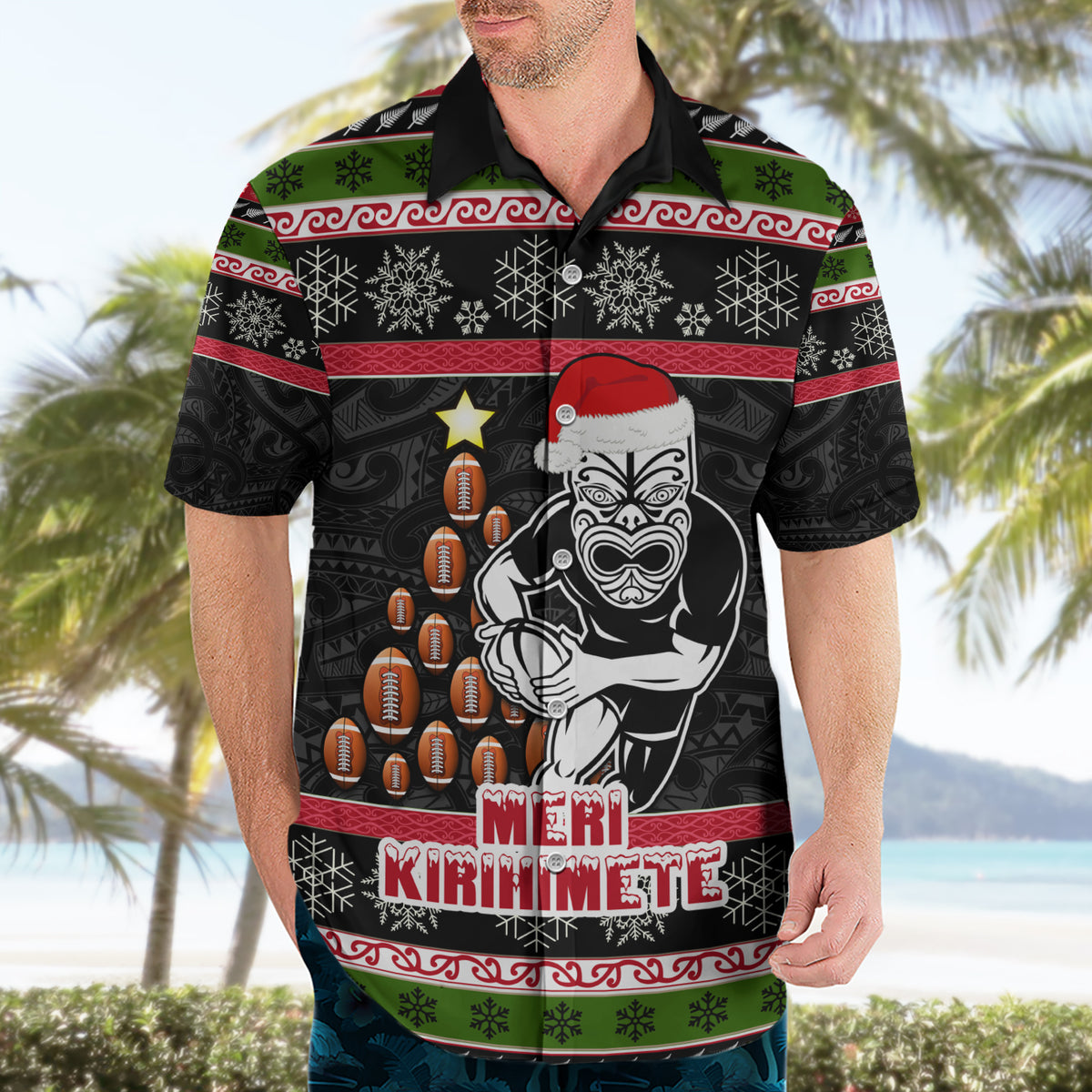 Personalized New Zealand Meri Kirihimete Hawaiian Shirt Maori Warrior with Rugby Christmas Tree LT03 - Polynesian Pride