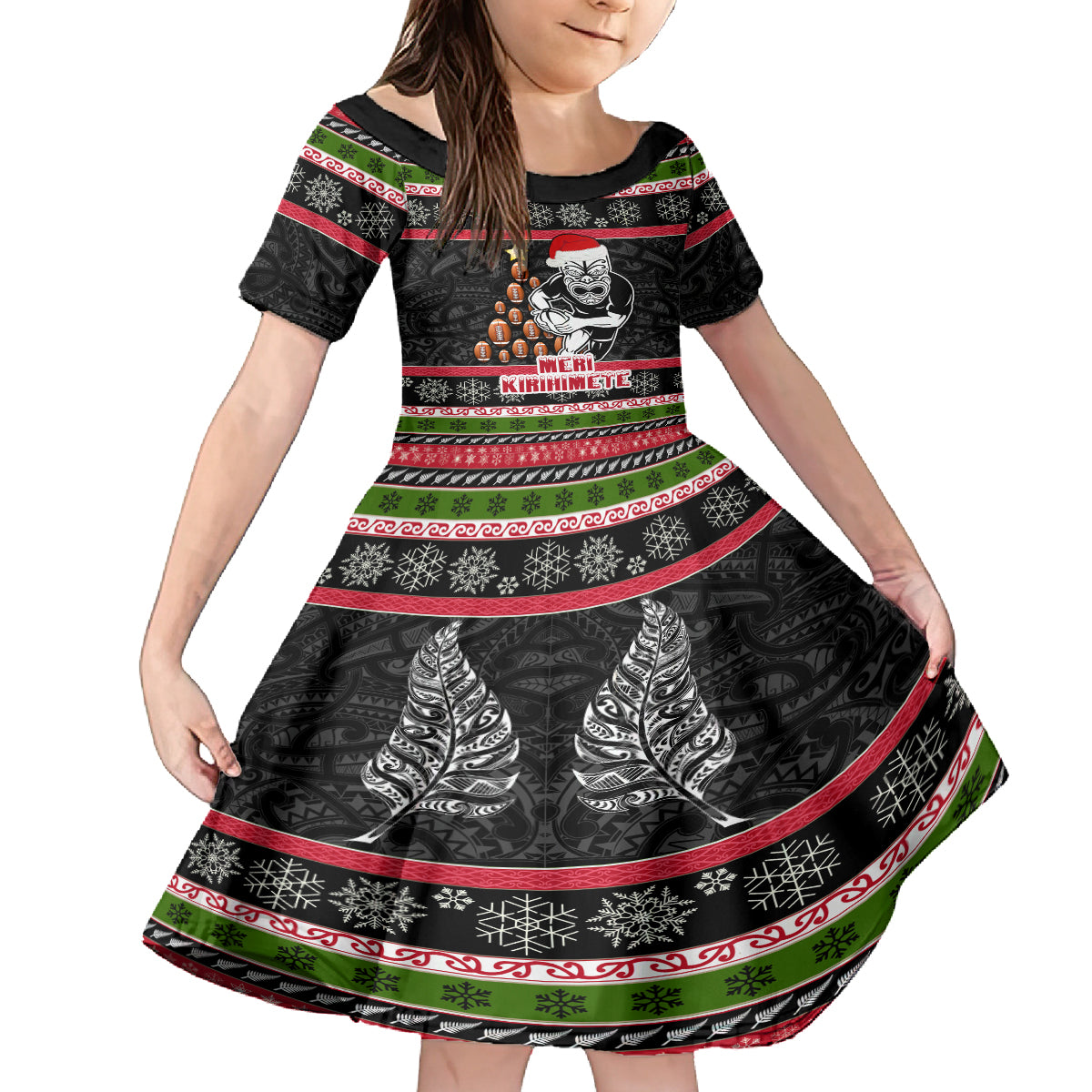 Personalized New Zealand Meri Kirihimete Kid Short Sleeve Dress Maori Warrior with Rugby Christmas Tree LT03 KID Black - Polynesian Pride