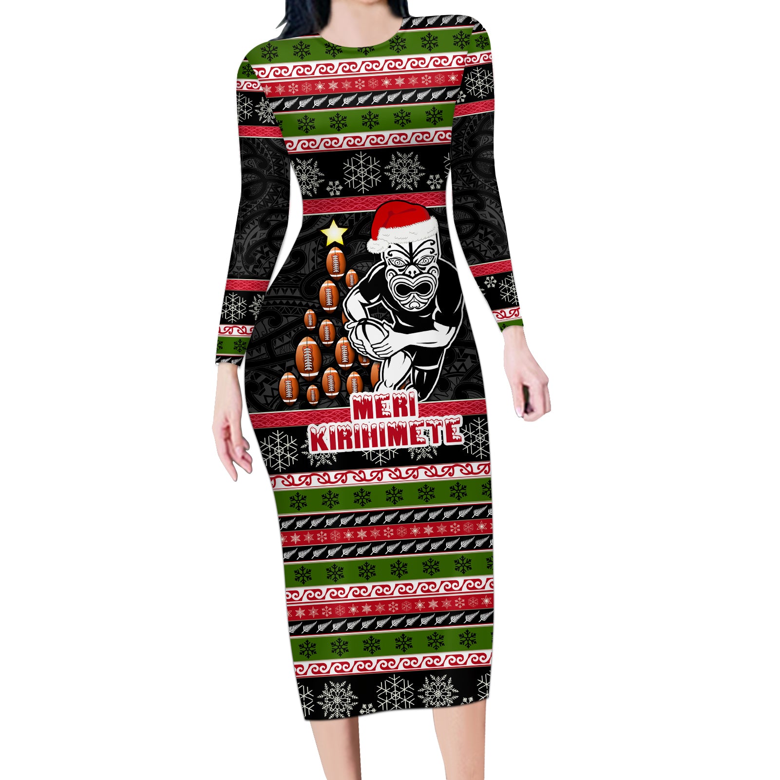 Personalized New Zealand Meri Kirihimete Long Sleeve Bodycon Dress Maori Warrior with Rugby Christmas Tree LT03 Long Dress Black - Polynesian Pride