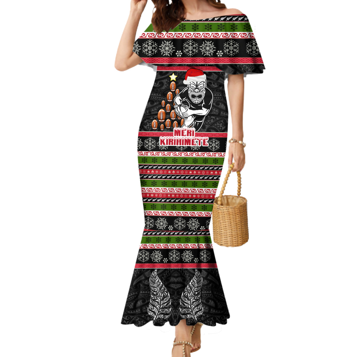 Personalized New Zealand Meri Kirihimete Mermaid Dress Maori Warrior with Rugby Christmas Tree LT03 Women Black - Polynesian Pride