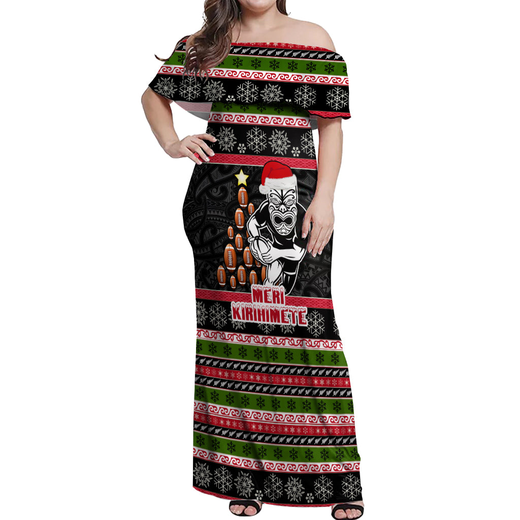 Personalized New Zealand Meri Kirihimete Off Shoulder Maxi Dress Maori Warrior with Rugby Christmas Tree LT03 Women Black - Polynesian Pride