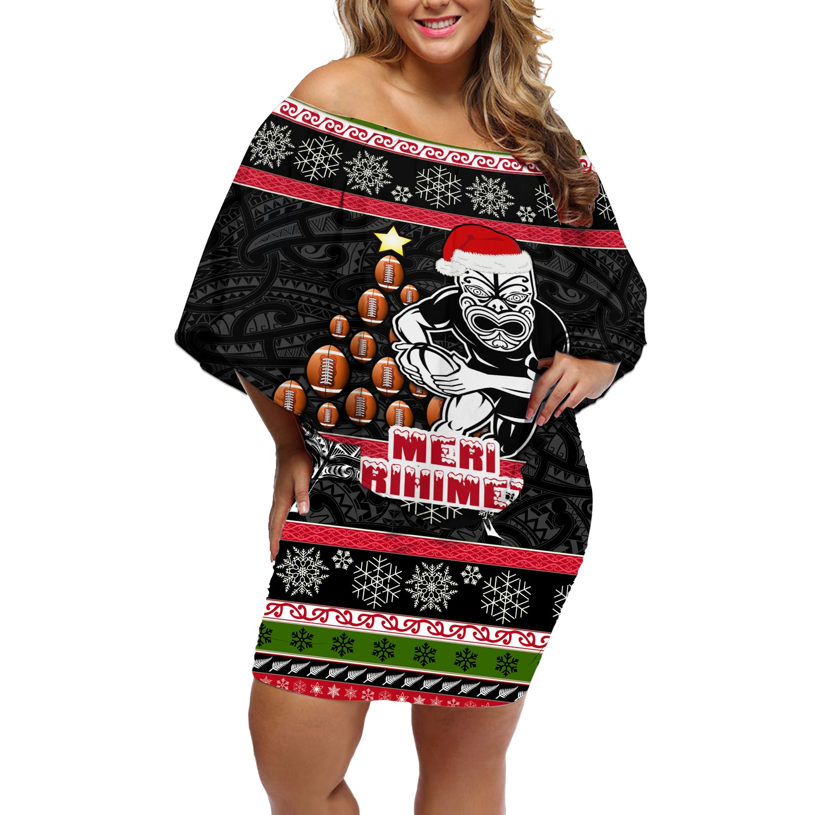 Personalized New Zealand Meri Kirihimete Off Shoulder Short Dress Maori Warrior with Rugby Christmas Tree LT03 Women Black - Polynesian Pride