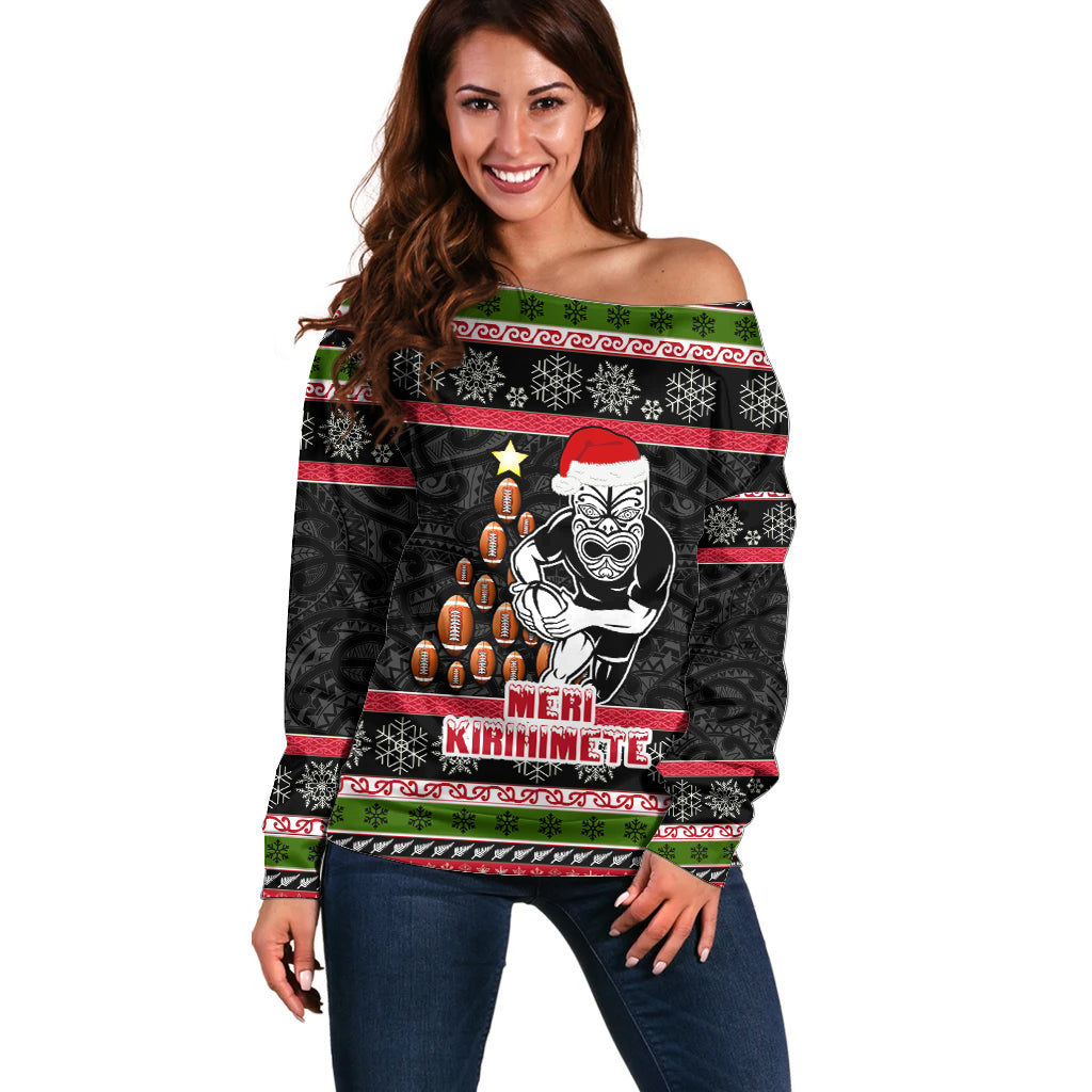 Personalized New Zealand Meri Kirihimete Off Shoulder Sweater Maori Warrior with Rugby Christmas Tree LT03 Women Black - Polynesian Pride