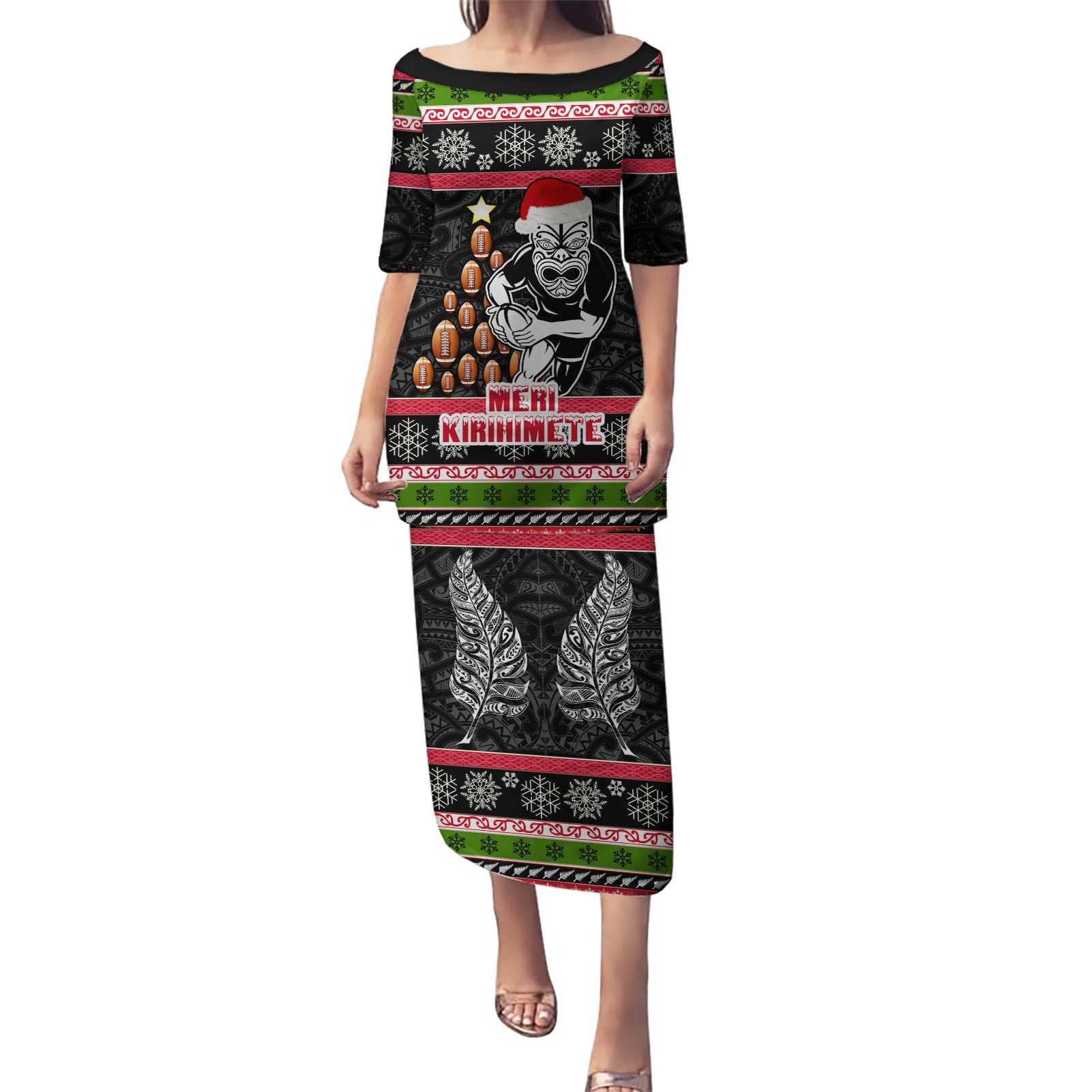 Personalized New Zealand Meri Kirihimete Puletasi Maori Warrior with Rugby Christmas Tree LT03 Long Dress Black - Polynesian Pride