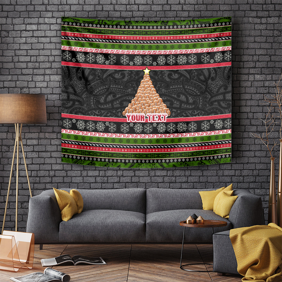 Personalized New Zealand Meri Kirihimete Tapestry Maori Warrior with Rugby Christmas Tree LT03 Black - Polynesian Pride