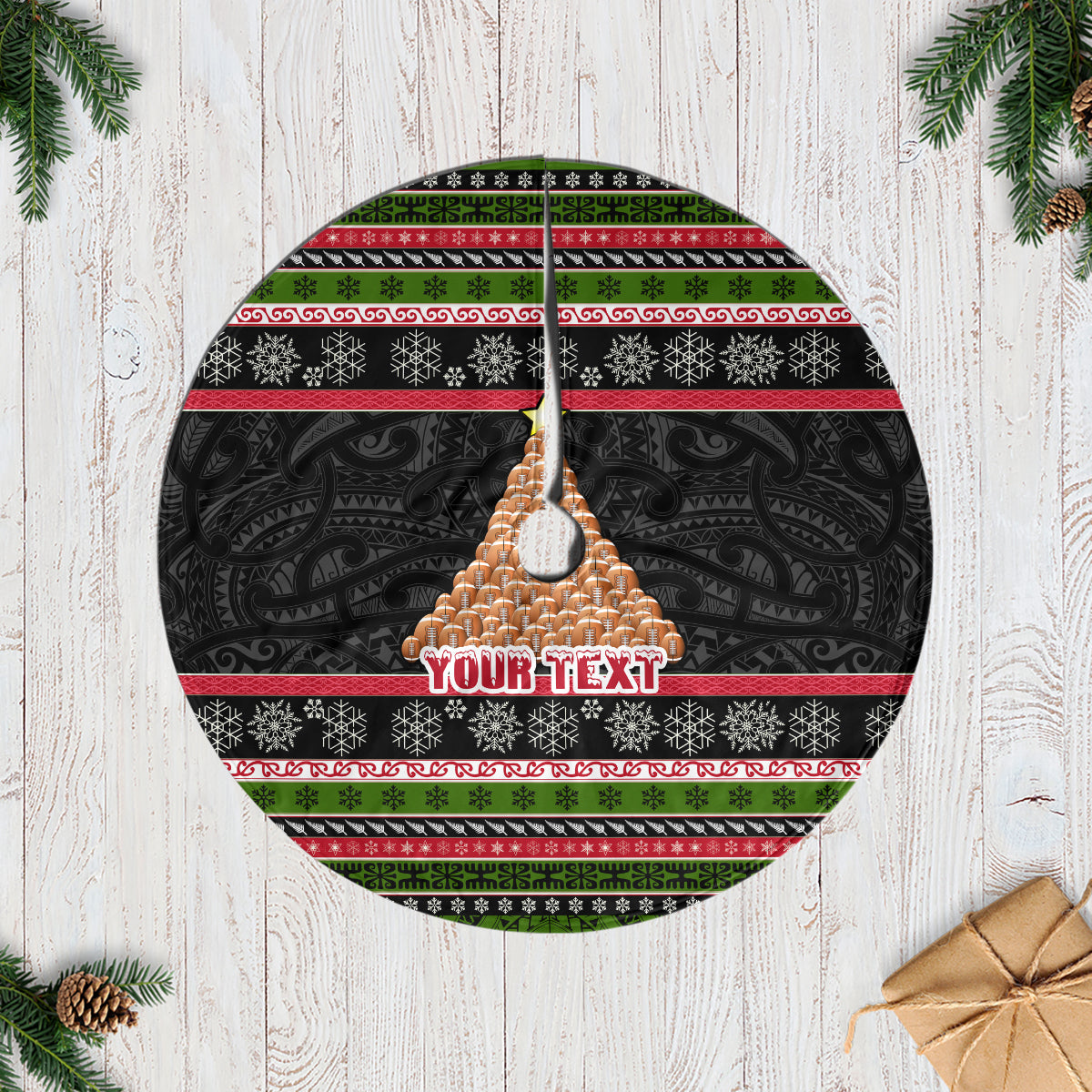 Personalized New Zealand Christmas Tree Skirt Maori Warrior with Rugby Christmas Tree LT03 Black - Polynesian Pride