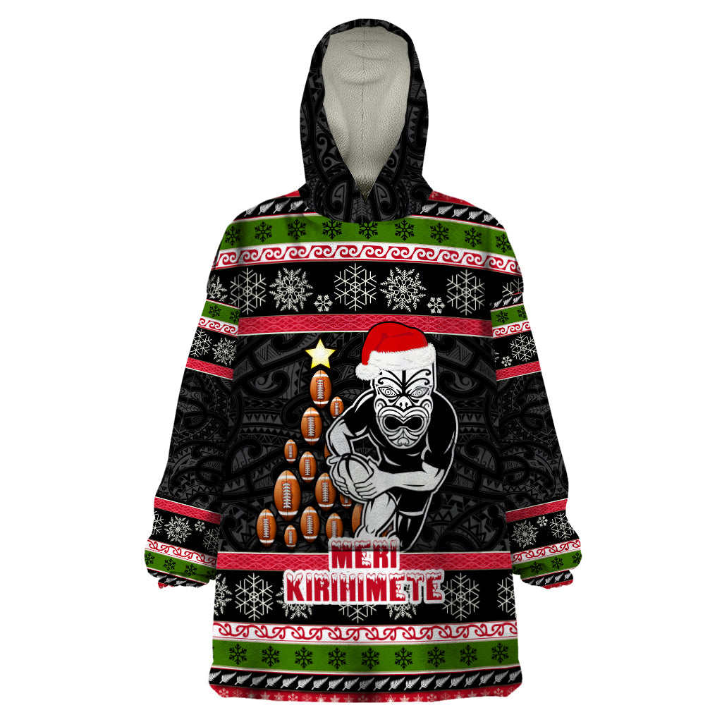 Personalized New Zealand Meri Kirihimete Wearable Blanket Hoodie Maori Warrior with Rugby Christmas Tree LT03 One Size Black - Polynesian Pride