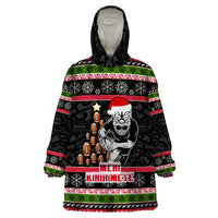 Personalized New Zealand Meri Kirihimete Wearable Blanket Hoodie Maori Warrior with Rugby Christmas Tree LT03 One Size Black - Polynesian Pride