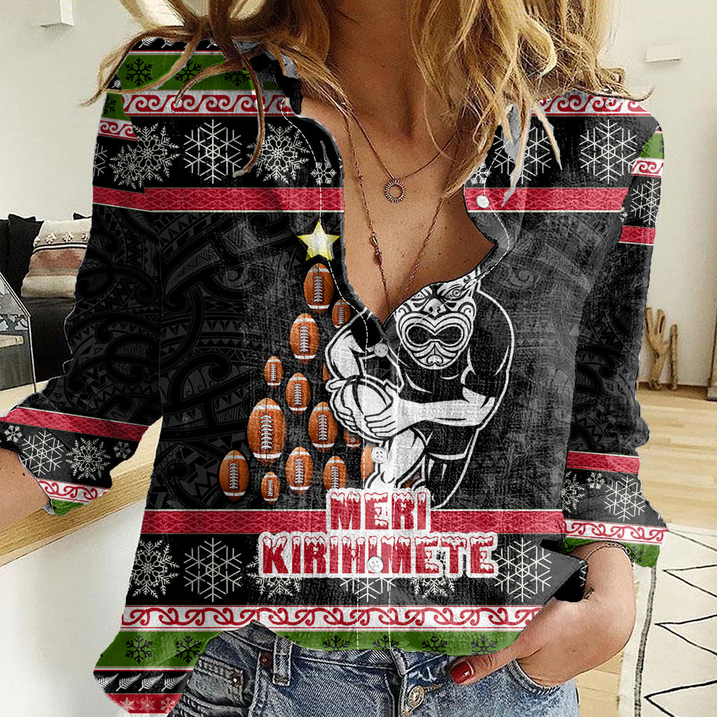 Personalized New Zealand Meri Kirihimete Women Casual Shirt Maori Warrior with Rugby Christmas Tree LT03 Female Black - Polynesian Pride