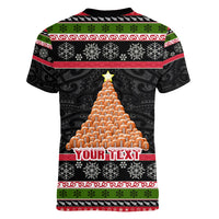 Personalized New Zealand Meri Kirihimete Women V Neck T Shirt Maori Warrior with Rugby Christmas Tree LT03 - Polynesian Pride