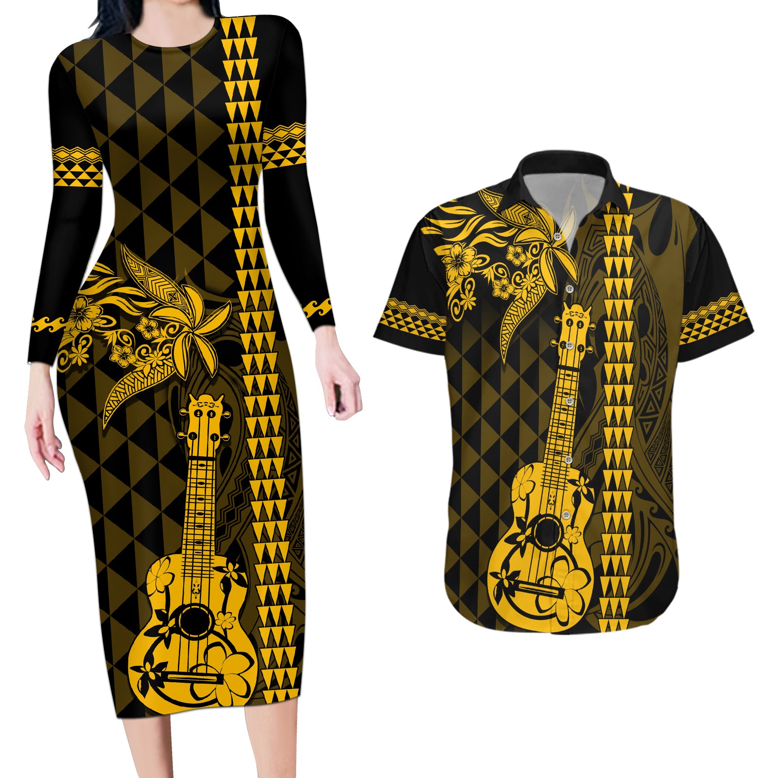 Custom Hawaii Couples Matching Long Sleeve Bodycon Dress and Hawaiian Shirt Ukelele and Hula Girl Mix Kakau Pattern LT03 Yellow - Polynesian Pride