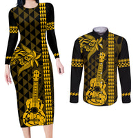 Custom Hawaii Couples Matching Long Sleeve Bodycon Dress and Long Sleeve Button Shirt Ukelele and Hula Girl Mix Kakau Pattern LT03 Yellow - Polynesian Pride