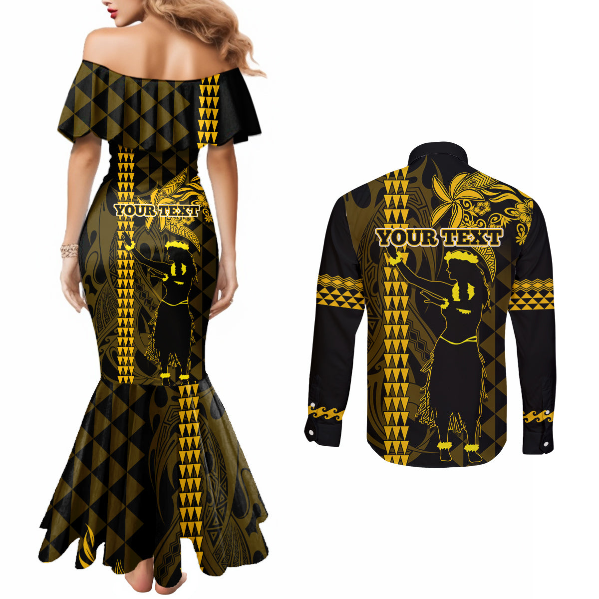 Custom Hawaii Couples Matching Mermaid Dress and Long Sleeve Button Shirt Ukelele and Hula Girl Mix Kakau Pattern LT03 - Polynesian Pride