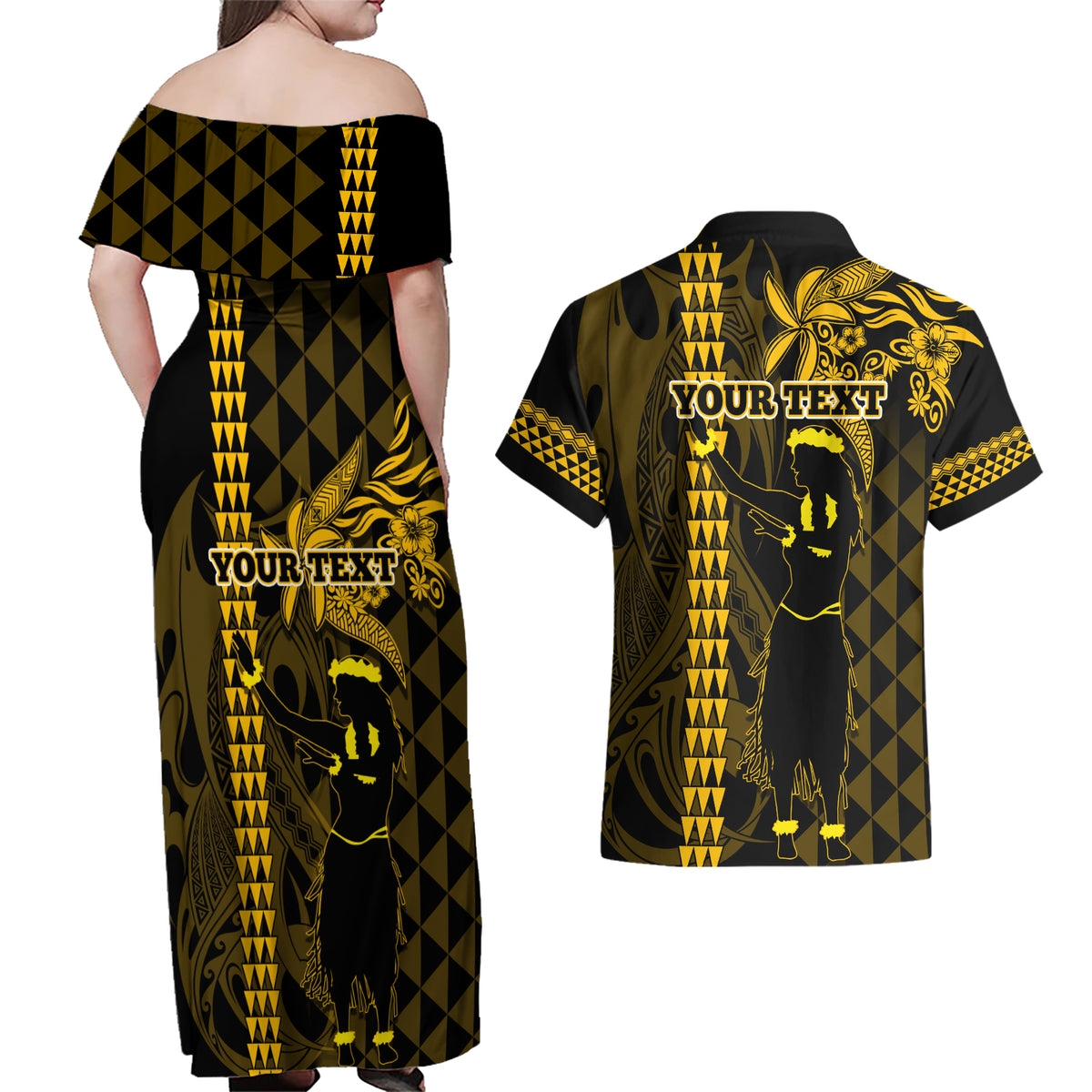 Custom Hawaii Couples Matching Off Shoulder Maxi Dress and Hawaiian Shirt Ukelele and Hula Girl Mix Kakau Pattern LT03 - Polynesian Pride