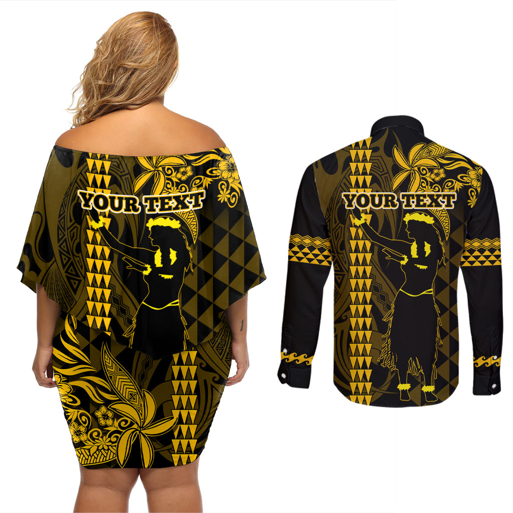 Custom Hawaii Couples Matching Off Shoulder Short Dress and Long Sleeve Button Shirt Ukelele and Hula Girl Mix Kakau Pattern LT03 - Polynesian Pride