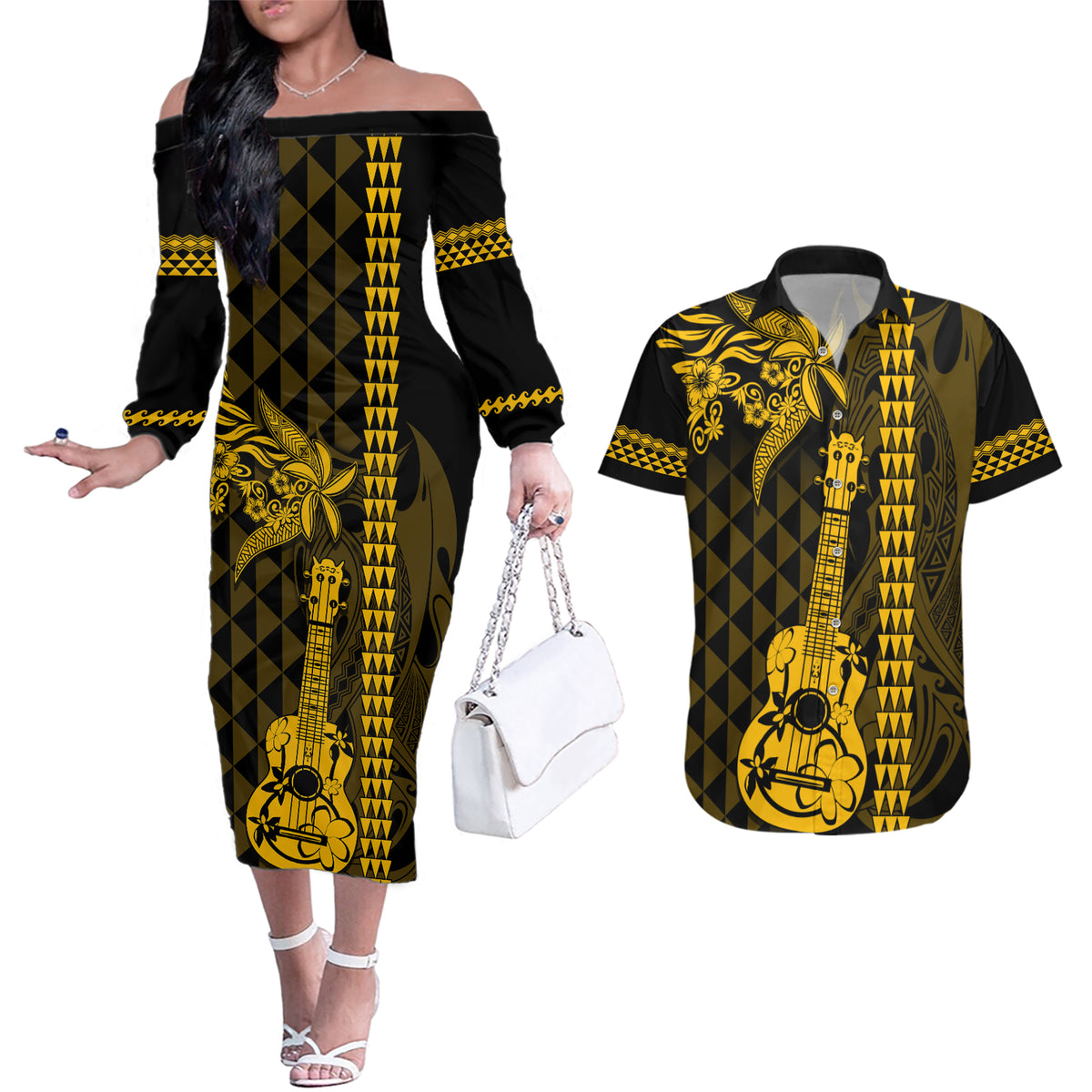 Custom Hawaii Couples Matching Off The Shoulder Long Sleeve Dress and Hawaiian Shirt Ukelele and Hula Girl Mix Kakau Pattern LT03 Yellow - Polynesian Pride