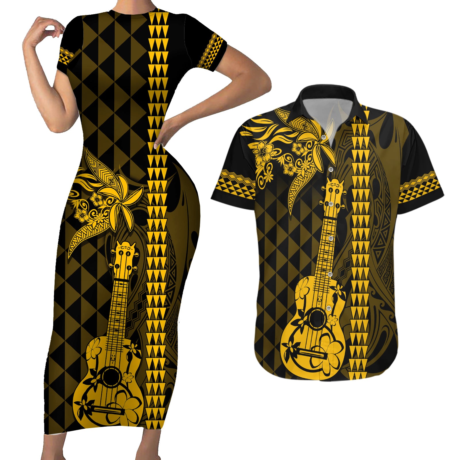 Custom Hawaii Couples Matching Short Sleeve Bodycon Dress and Hawaiian Shirt Ukelele and Hula Girl Mix Kakau Pattern LT03 Yellow - Polynesian Pride