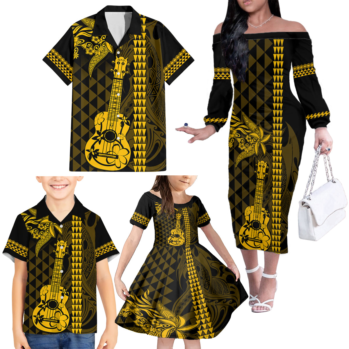 Custom Hawaii Family Matching Off Shoulder Long Sleeve Dress and Hawaiian Shirt Ukelele and Hula Girl Mix Kakau Pattern LT03 - Polynesian Pride