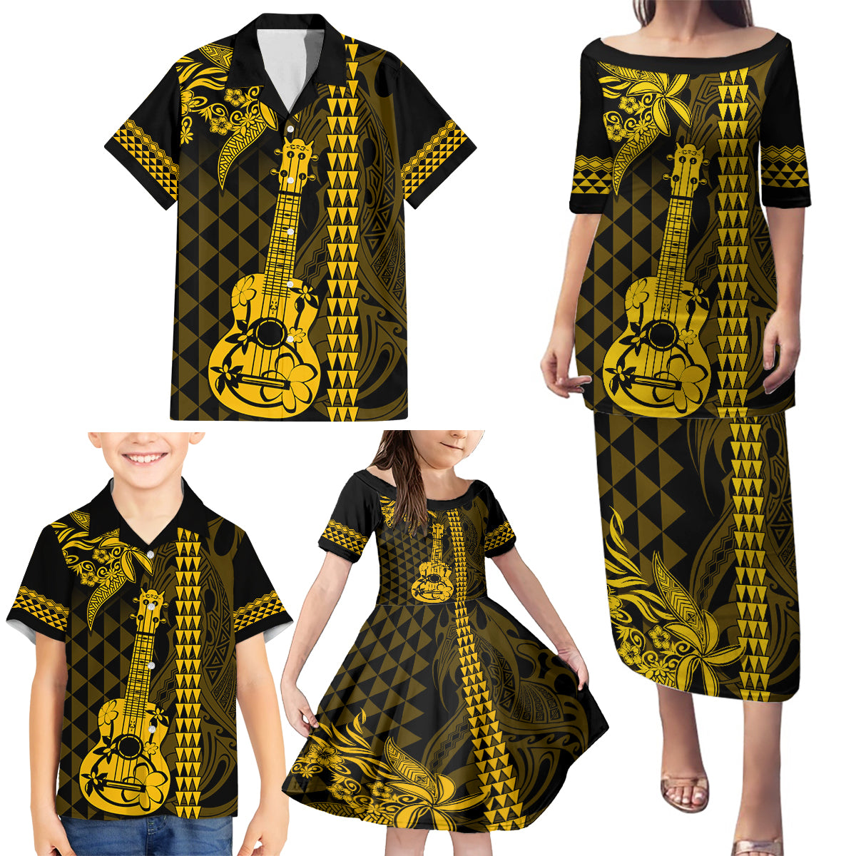 Custom Hawaii Family Matching Puletasi Dress and Hawaiian Shirt Ukelele and Hula Girl Mix Kakau Pattern LT03 - Polynesian Pride