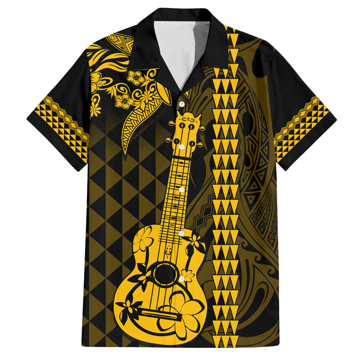 Custom Hawaii Family Matching Puletasi Dress and Hawaiian Shirt Ukelele and Hula Girl Mix Kakau Pattern LT03 Dad's Shirt - Short Sleeve Yellow - Polynesian Pride