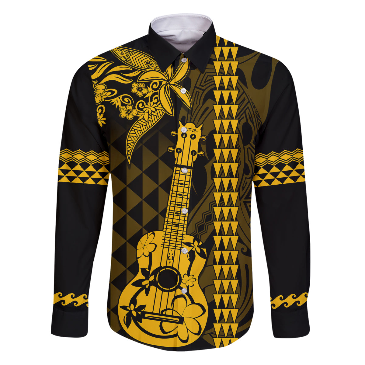 Custom Hawaii Family Matching Puletasi Dress and Hawaiian Shirt Ukelele and Hula Girl Mix Kakau Pattern LT03 Dad's Shirt - Long Sleeve Yellow - Polynesian Pride