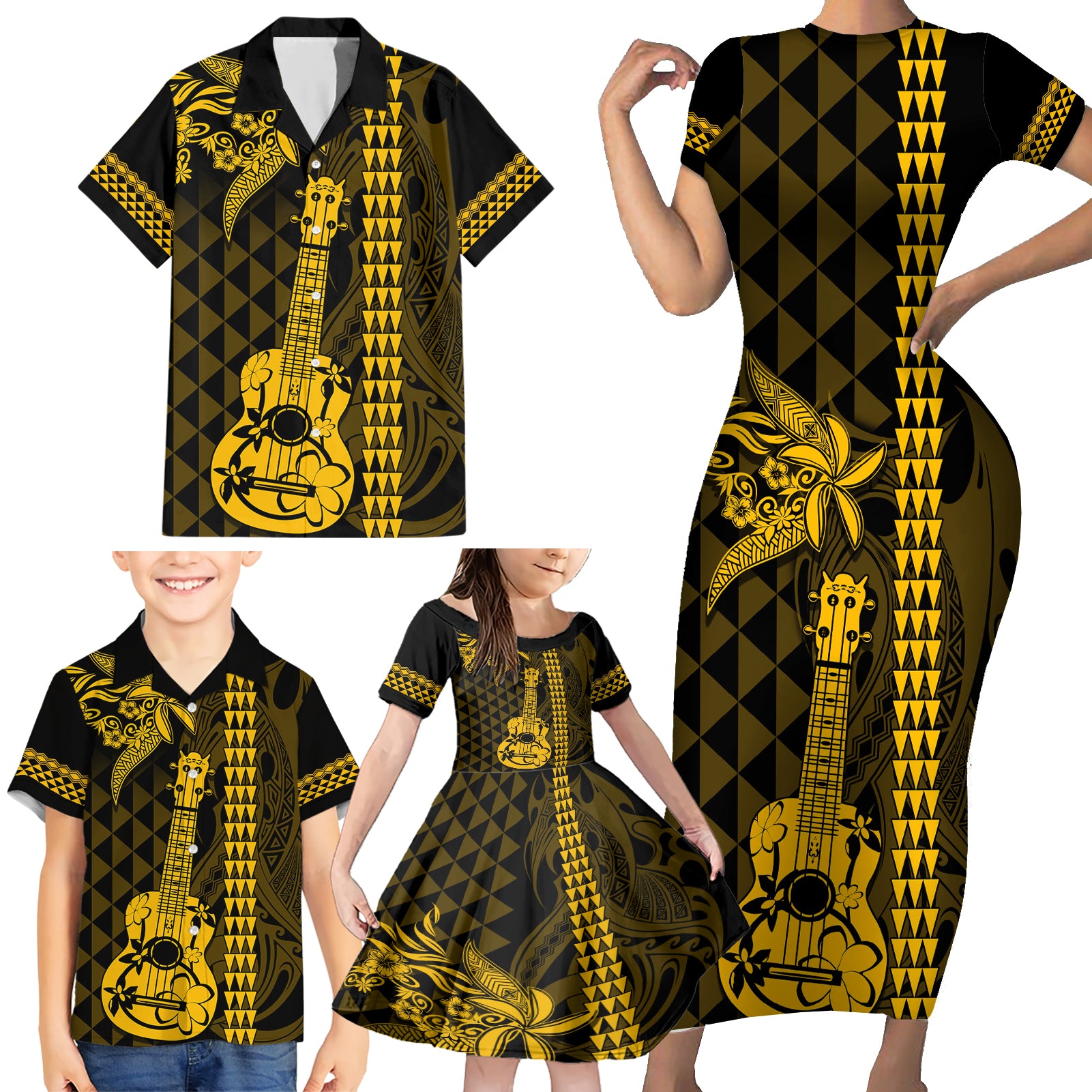 Custom Hawaii Family Matching Short Sleeve Bodycon Dress and Hawaiian Shirt Ukelele and Hula Girl Mix Kakau Pattern LT03 - Polynesian Pride