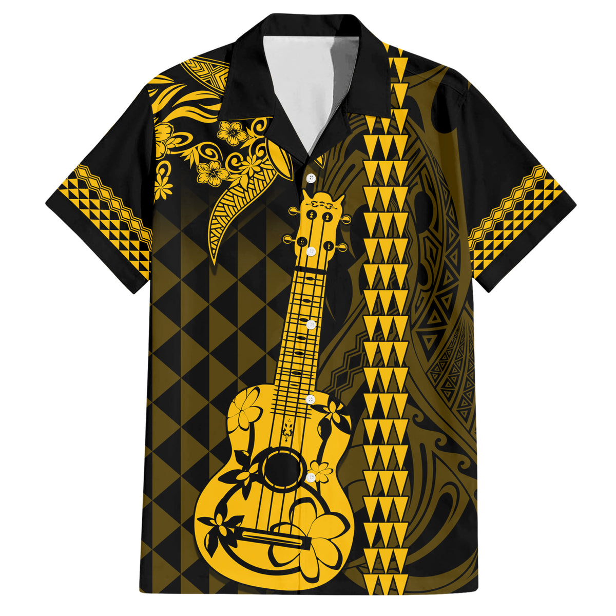 Custom Hawaii Family Matching Short Sleeve Bodycon Dress and Hawaiian Shirt Ukelele and Hula Girl Mix Kakau Pattern LT03 Dad's Shirt - Short Sleeve Yellow - Polynesian Pride