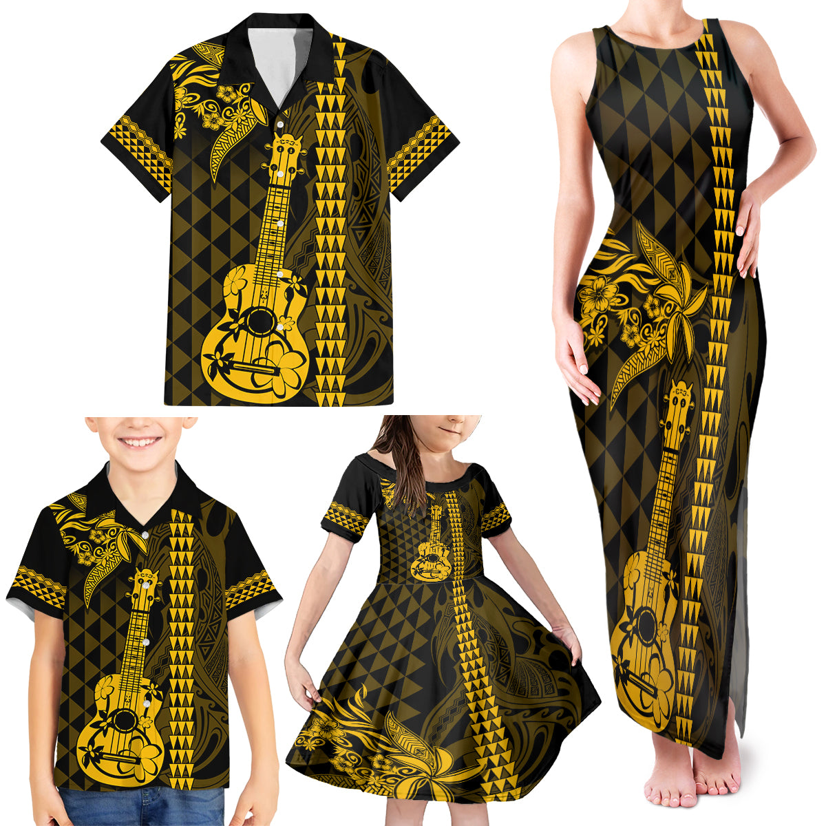 Custom Hawaii Family Matching Tank Maxi Dress and Hawaiian Shirt Ukelele and Hula Girl Mix Kakau Pattern LT03 - Polynesian Pride