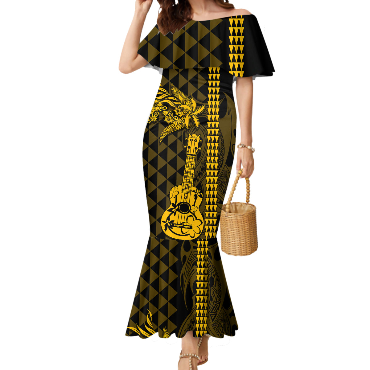 Custom Hawaii Mermaid Dress Ukelele and Hula Girl Mix Kakau Pattern LT03 Women Yellow - Polynesian Pride