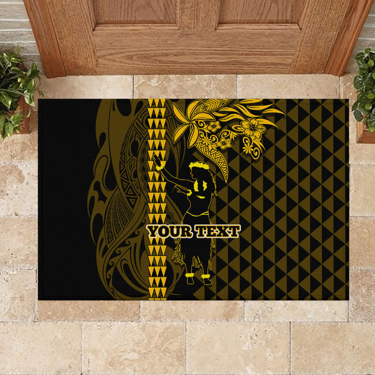 Custom Hawaii Rubber Doormat Ukelele and Hula Girl Mix Kakau Pattern LT03 - Polynesian Pride