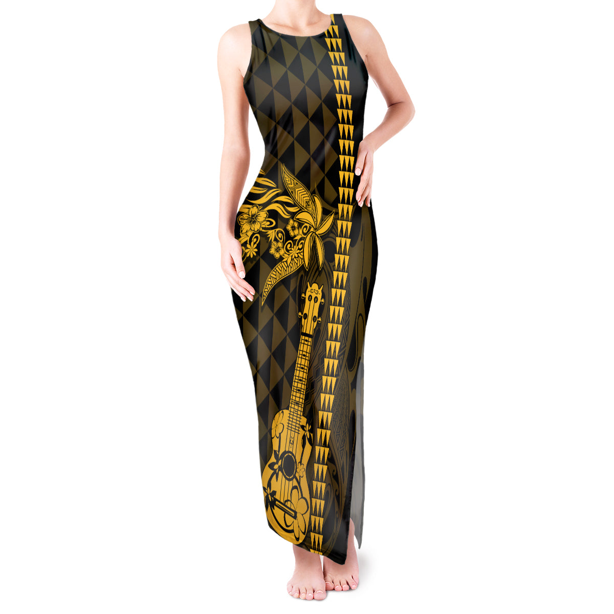 Custom Hawaii Tank Maxi Dress Ukelele and Hula Girl Mix Kakau Pattern LT03 Women Yellow - Polynesian Pride