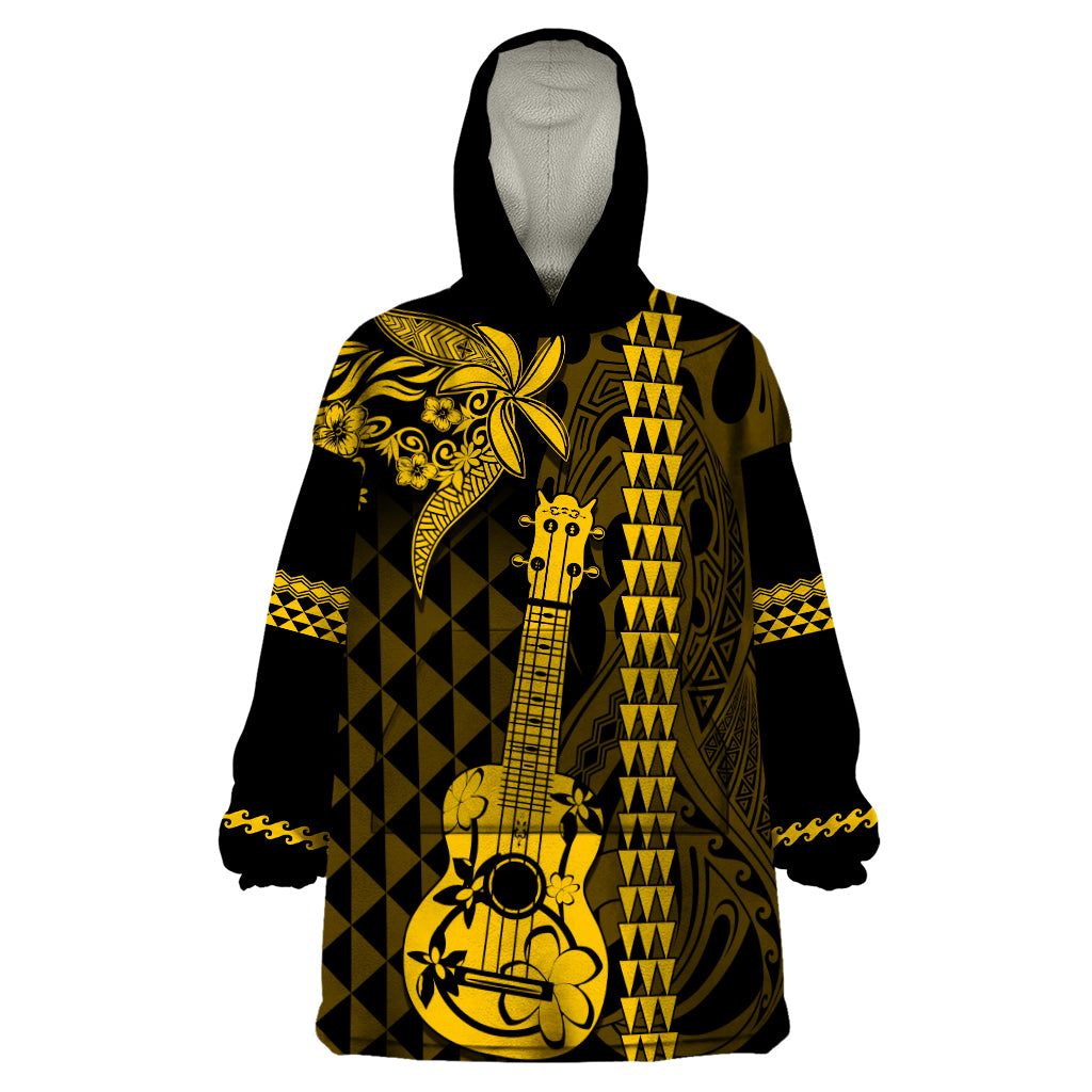 Custom Hawaii Wearable Blanket Hoodie Ukelele and Hula Girl Mix Kakau Pattern LT03 One Size Yellow - Polynesian Pride