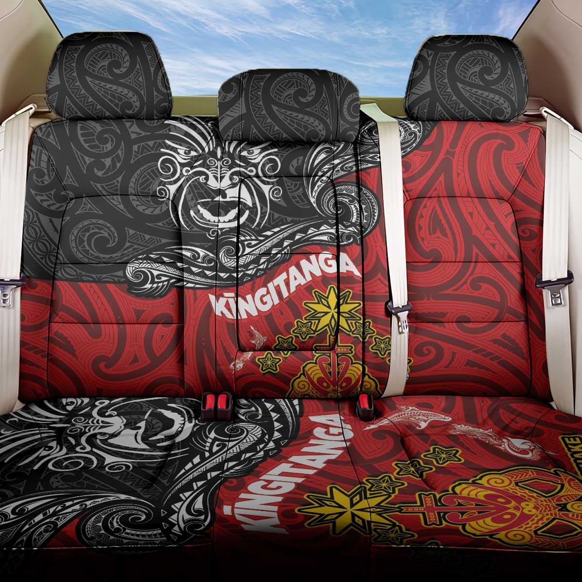 The Kingitanga - Maori King Movement Back Car Seat Cover Ko Te Mana Motuhake Emblem with Moko and Polynesian Art Tattoo