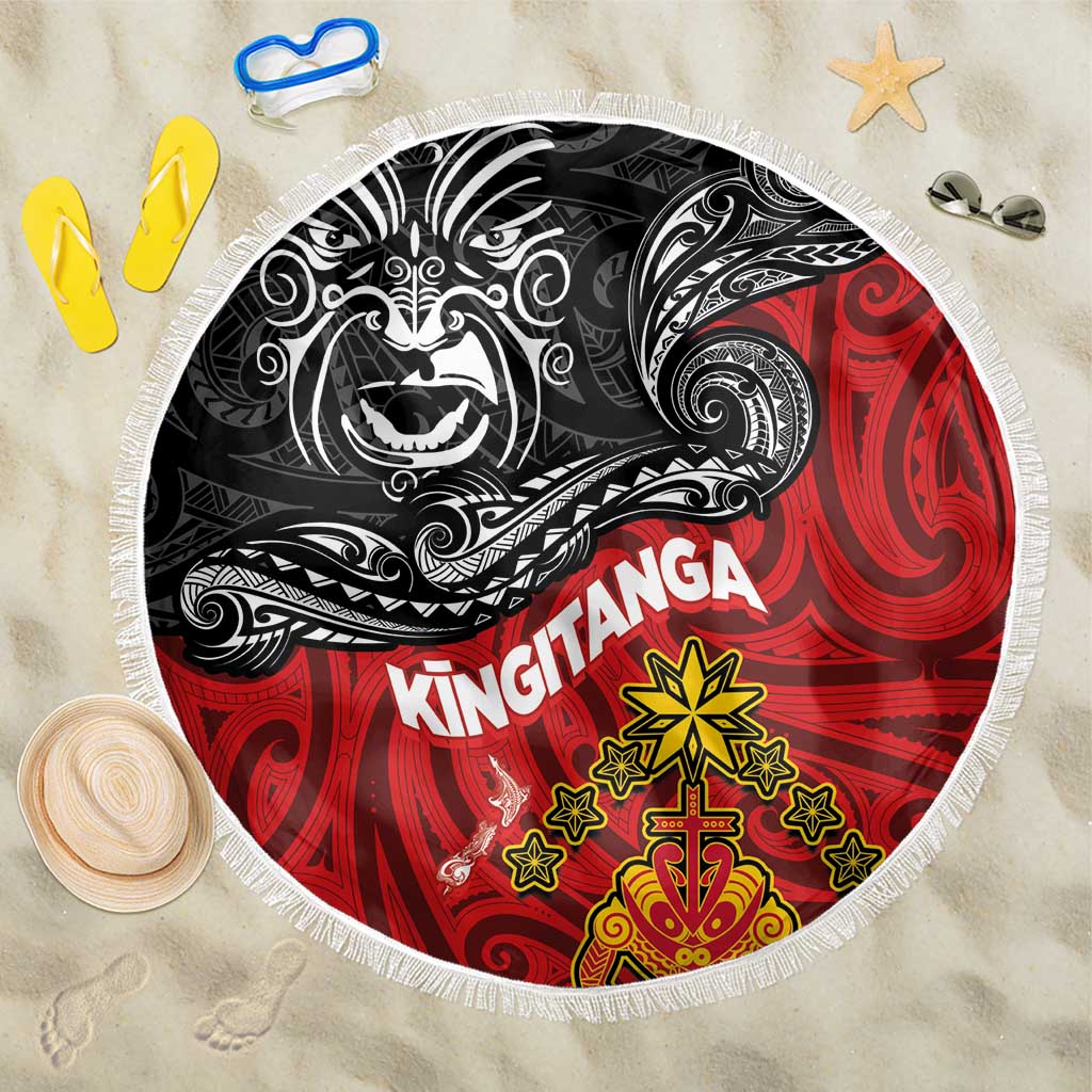 The Kingitanga - Maori King Movement Beach Blanket Ko Te Mana Motuhake Emblem with Moko and Polynesian Art Tattoo