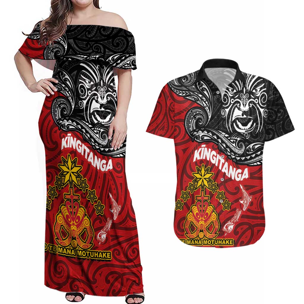 The Kingitanga - Maori King Movement Couples Matching Off Shoulder Maxi Dress and Hawaiian Shirt Ko Te Mana Motuhake Emblem with Moko and Polynesian Art Tattoo