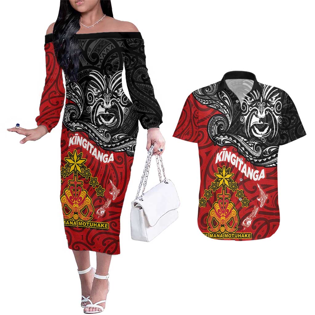 The Kingitanga - Maori King Movement Couples Matching Off The Shoulder Long Sleeve Dress and Hawaiian Shirt Ko Te Mana Motuhake Emblem with Moko and Polynesian Art Tattoo