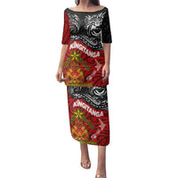 The Kingitanga - Maori King Movement Family Matching Puletasi and Hawaiian Shirt Ko Te Mana Motuhake Emblem with Moko and Polynesian Art Tattoo