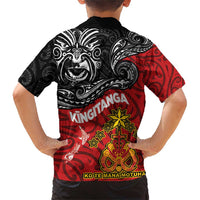 The Kingitanga - Maori King Movement Family Matching Short Sleeve Bodycon Dress and Hawaiian Shirt Ko Te Mana Motuhake Emblem with Moko and Polynesian Art Tattoo