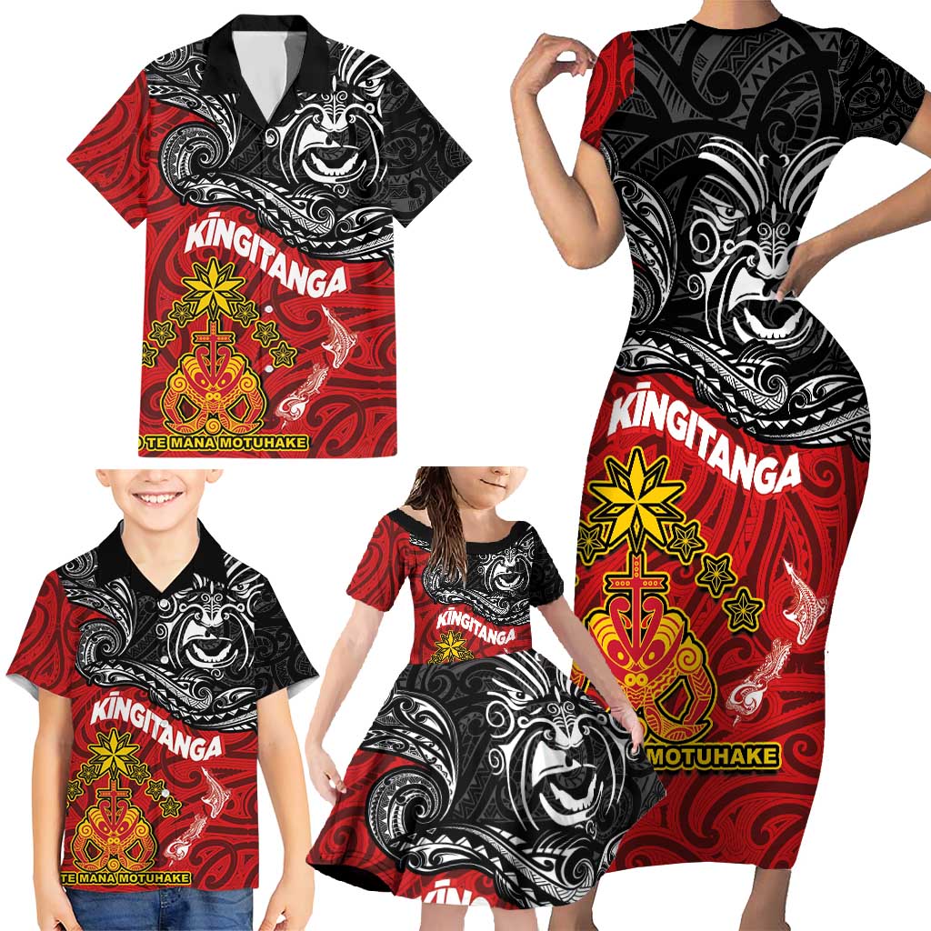 The Kingitanga - Maori King Movement Family Matching Short Sleeve Bodycon Dress and Hawaiian Shirt Ko Te Mana Motuhake Emblem with Moko and Polynesian Art Tattoo